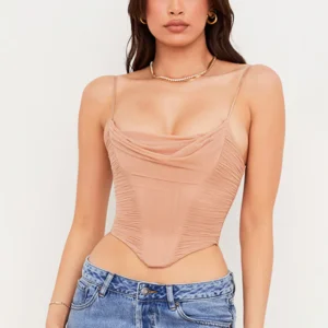Top corset beige sin tirantes para mujer, elegante y estructurado, ideal para looks neutros o minimalistas