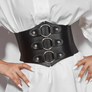 Hebilla tipo corset ajustable para cinturón con cordones y cierre metálico, ideal para estilizar la cintura y aportar un toque de elegancia femenina