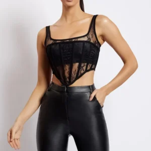 Bustier negro de encaje transparente para mujer, sensual y elegante