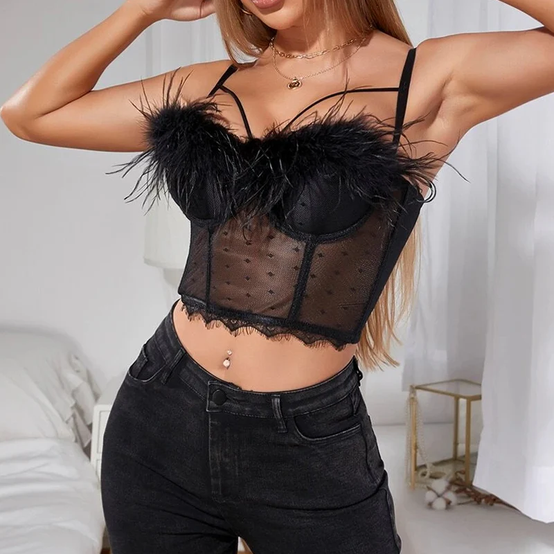 Bustier negro con plumas para mujer estilo burlesque y escote decorativo