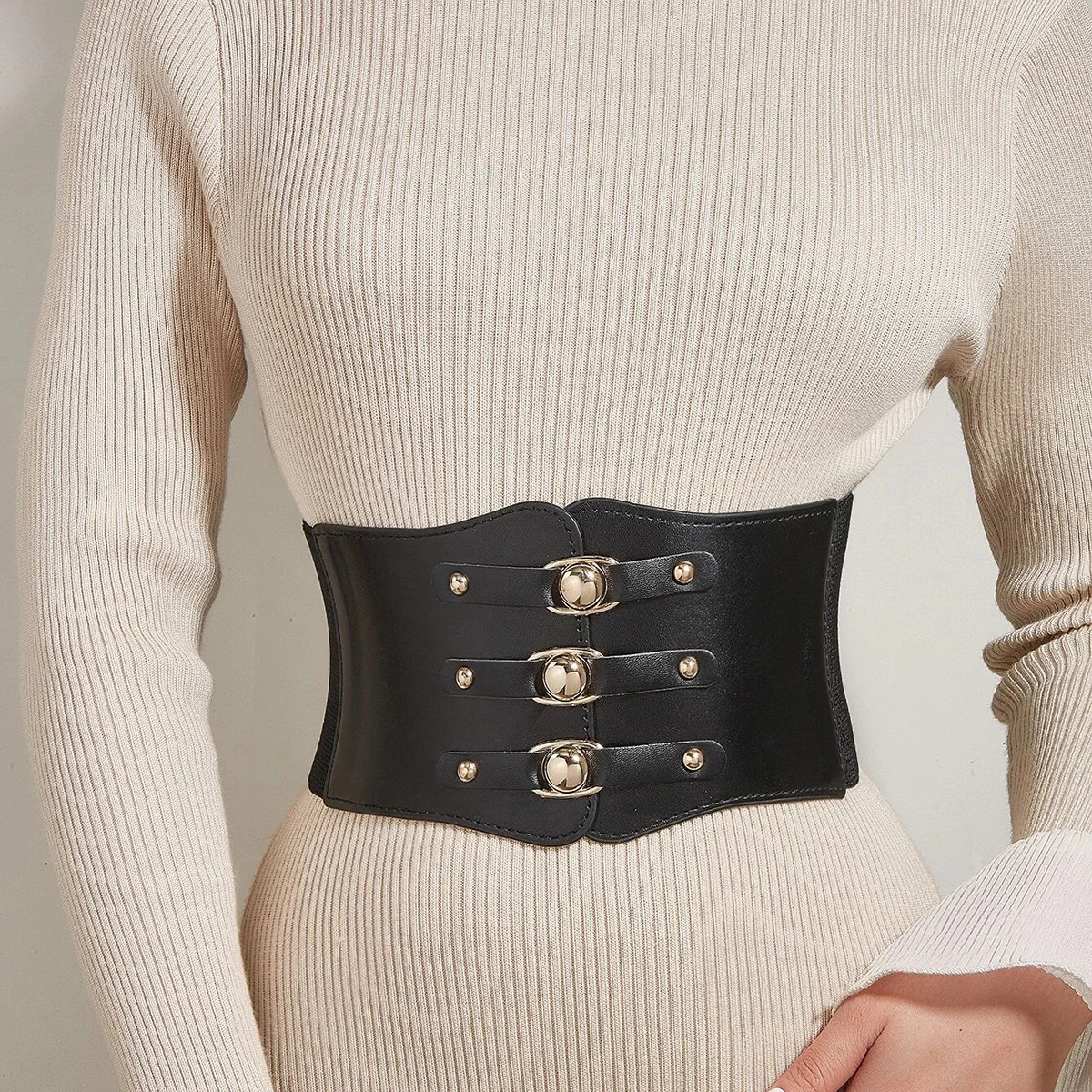 Cinturón corset ancho con hebilla metálica para mujer elegante