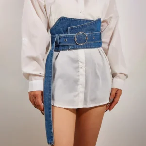 Cinturón corset en tejido denim azul con cierre metálico para mujer