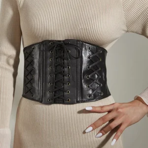 Cinturón corset de polipiel negro con cordones ajustables para mujer, ideal para definir la cintura y dar un toque elegante o urbano