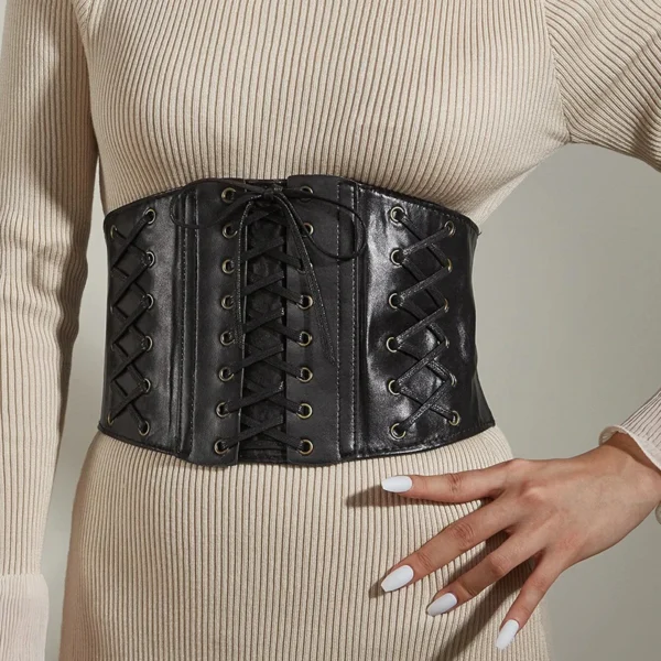 Cinturón corset de polipiel negro con cordones ajustables para mujer, ideal para definir la cintura y dar un toque elegante o urbano