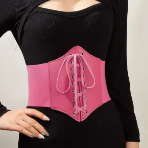 Cinturón corset rosa satinado con cierre metálico y lazada trasera para mujer
