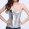 Corset plateado satinado con cierre metálico y tanga a juego para mujer