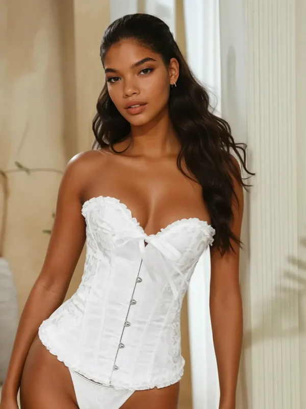 Corset blanco estilo victoriano con encaje, escote corazón y ajuste entallado para mujer