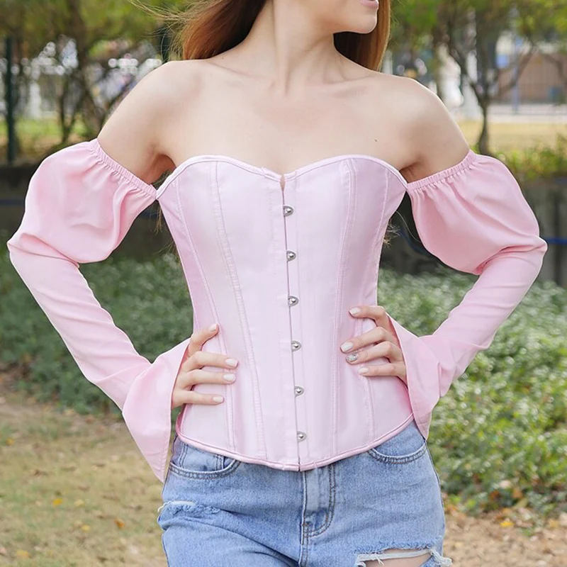 Corset bustier negro para mujer con mangas abullonadas y escote corazón