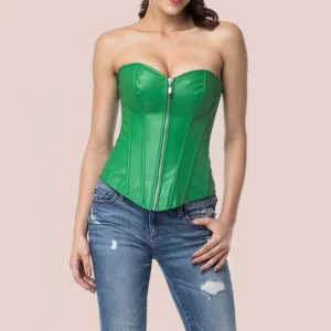 Corset verde efecto cuero para mujer con escote corazón y brillo moderno