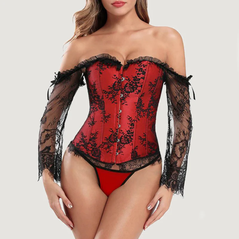 corset de encaje rojo y negro para mujer, sensual y ajustado, ideal para realzar la figura con elegancia y estilo