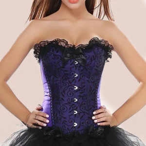 Corset violeta de satén con encaje negro para mujer, escote corazón y diseño entallado