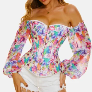 Corset floral para mujer – Diseño romántico con cordón ajustable y varillas internas para moldear cintura y realzar busto