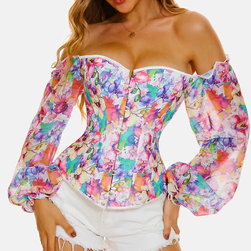 Corset floral para mujer – Diseño romántico con cordón ajustable y varillas internas para moldear cintura y realzar busto