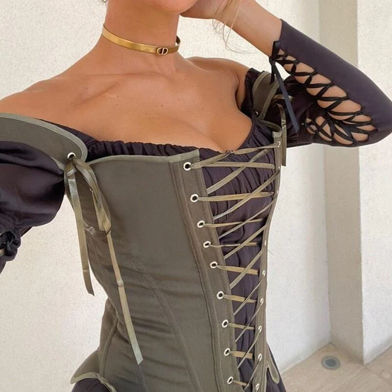 Corset kaki estilo militar para mujer, diseño urbano ceñido que realza la figura con cordones traseros y cierre metálico