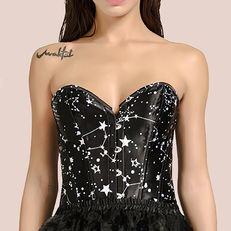 Corset negro con estampado de estrellas blancas para mujer, estilo moderno y alternativo ideal para fiestas y looks de noche