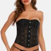 Corset negro con encaje floral, cierre metálico y lazada ajustable para mujer