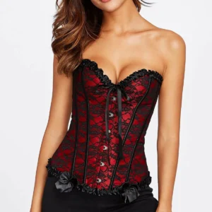 Corset rojo y negro con encaje estilo burlesque para mujer