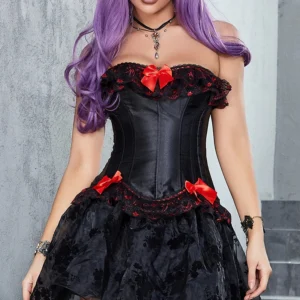 Corset gótico negro y rojo para mujer – Prenda entallada estilo burlesque con cierre metálico y ajuste con cordón