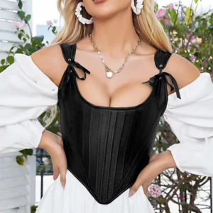 Corset negro satinado para mujer con escote corazón y corte entallado clásico