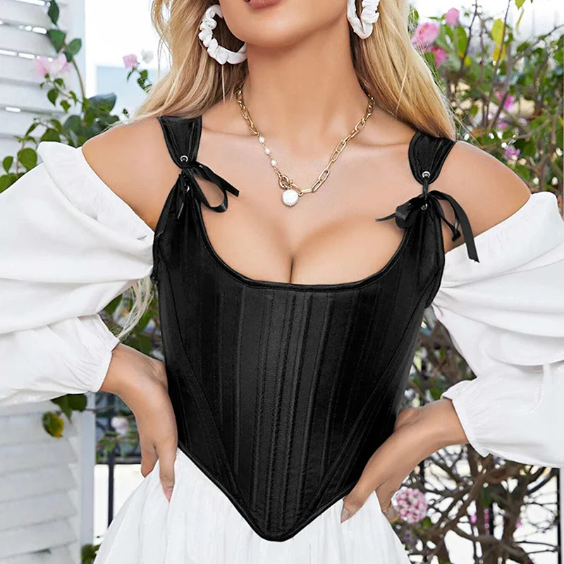 Corset negro satinado para mujer con escote corazón y corte entallado clásico