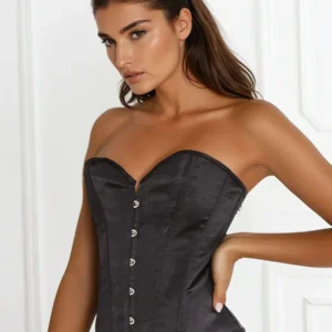 Corset negro clásico sin encajes, con cierre metálico y lazada trasera para mujer