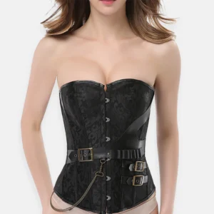 Corset steampunk negro bustier con cadenas metálicas y lazo ajustable