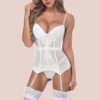Guepière blanca con encaje floral, ligueros y cierre tipo corset para mujer