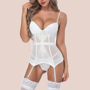 Guepière blanca con encaje floral, ligueros y cierre tipo corset para mujer