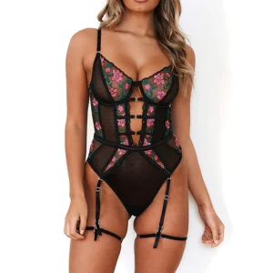 Guêpière negra de encaje transparente para mujer elegante y sensual