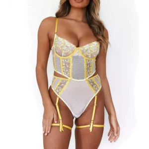 Corset amarillo para mujer estilo liguero con encaje sensual