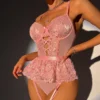 Guêpière rosa pálido con encaje floral para mujer – Lencería romántica, sexy y moldeadora con liguero y tanga a juego