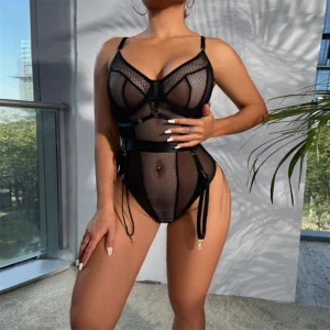 Guêpière sexy transparente con encaje floral y aberturas – Lencería provocadora para mujer con diseño corsetero y tanga a juego