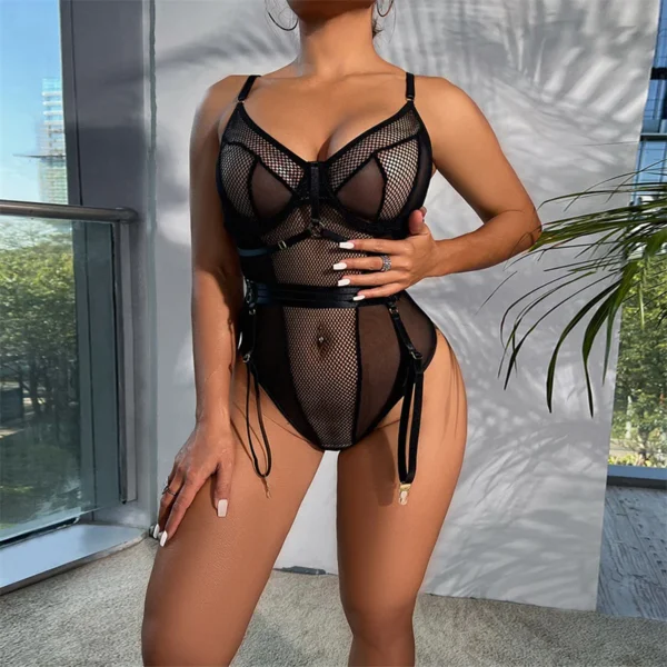 Guêpière sexy transparente con encaje floral y aberturas – Lencería provocadora para mujer con diseño corsetero y tanga a juego