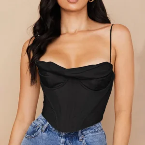 Top corset negro para mujer, elegante, ajustado y sin tirantes, ideal para eventos o looks de noche