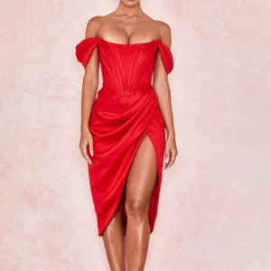 Vestido largo rojo con corset para mujer, elegante y ajustado con falda fluida, ideal para eventos nocturnos, bodas y fiestas formales