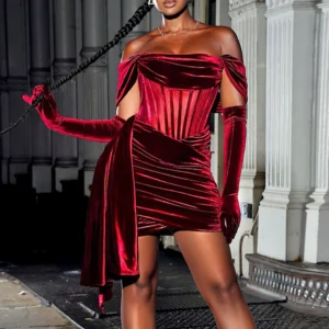 vestido bustier de terciopelo negro elegante para mujer, ideal para eventos y fiestas nocturnas con estilo
