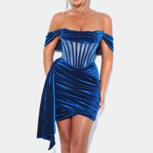 Vestido corset azul noche de terciopelo para mujer, con mangas largas y estilo elegante para fiestas o eventos formales.