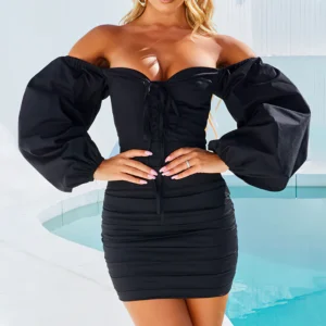 Vestido con corset de cordones y mangas largas – diseño elegante de estilo vintage que realza la figura femenina