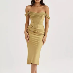 Vestido corset verde esmeralda con escote palabra de honor – elegante, ajustado y sofisticado