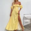 Vestido largo amarillo con corset para mujer, diseño elegante y vaporoso, ideal para bodas, eventos de verano y looks femeninos con estilo