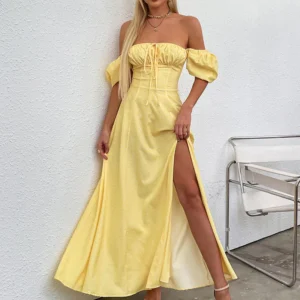 Vestido largo amarillo con corset para mujer, diseño elegante y vaporoso, ideal para bodas, eventos de verano y looks femeninos con estilo