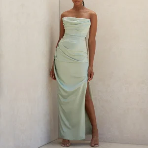 Vestido largo verde con corset para mujer, elegante y favorecedor, ideal para fiestas, galas o eventos formales