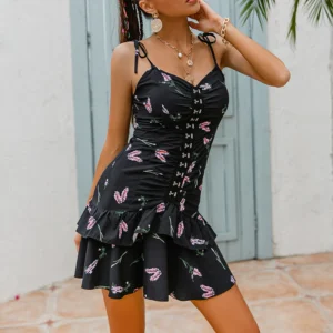 Vestido negro trapecio con corset floral para mujer, elegante y romántico, ideal para eventos especiales o cenas