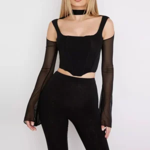 Top bustier negro con mangas 3/4 para mujer, elegante y favorecedor