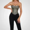 Bustier corset negro sexy – Corset satinado con escote corazón, varillas y cordones traseros ajustables