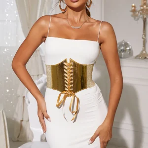Cinturón corset dorado con cordones – Accesorio moldeador elegante para cintura femenina