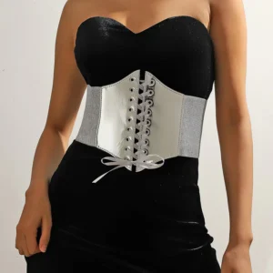 Cinturón corset gris satinado – Cintura estructurada con cordones ajustables para mujer