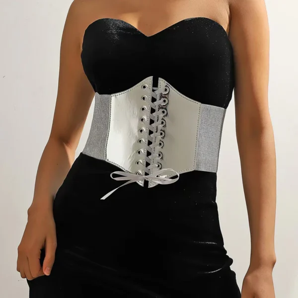 Cinturón corset gris satinado – Cintura estructurada con cordones ajustables para mujer