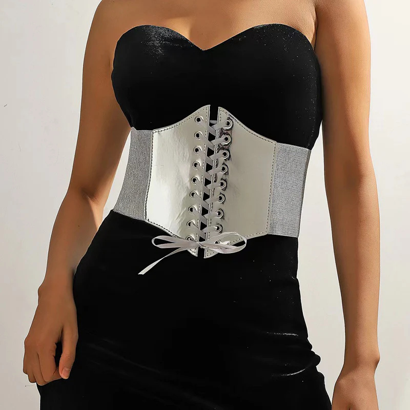 Cinturón corset gris satinado – Cintura estructurada con cordones ajustables para mujer