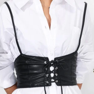 Cinturón corset negro con tirantes – Cintura moldeadora con cordones y diseño urbano para mujer